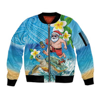 Polynesian Merry Christmas Sleeve Zip Bomber Jacket Funny Santa with Sea Turtle Beach Plumeria - Polynesian Pride