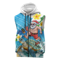 Polynesian Merry Christmas Sleeveless Zip Hoodie Funny Santa with Sea Turtle Beach Plumeria - Polynesian Pride