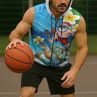 Polynesian Merry Christmas Sleeveless Zip Hoodie Funny Santa with Sea Turtle Beach Plumeria - Polynesian Pride