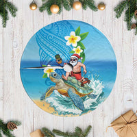 Polynesian Merry Christmas Tree Skirt Funny Santa with Sea Turtle on Beach and Plumeria - Polynesian Pride