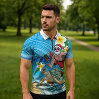 Polynesian Merry Christmas Zipper Polo Shirt Funny Santa with Sea Turtle Beach Plumeria LT03 - Polynesian Pride