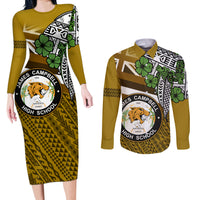 Hawaii James Campbell High School Couples Matching Long Sleeve Bodycon Dress and Long Sleeve Button Shirt Kakau Pattern Gold Color Version LT03 Gold - Polynesian Pride