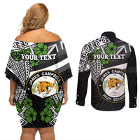 Hawaii James Campbell High School Couples Matching Off Shoulder Short Dress and Long Sleeve Button Shirt Kakau Pattern Black Version LT03 - Polynesian Pride