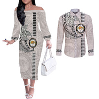 Custom Hawaii James Campbell High School Couples Matching Off The Shoulder Long Sleeve Dress and Long Sleeve Button Shirt Tribal Kakau Pattern LT03 White - Polynesian Pride