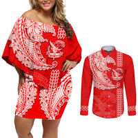 Hawaii Kalani High School Couples Matching Off Shoulder Short Dress and Long Sleeve Button Shirt Tribal Kakau Pattern LT03 Red - Polynesian Pride