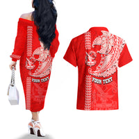 Hawaii Kalani High School Couples Matching Off The Shoulder Long Sleeve Dress and Hawaiian Shirt Tribal Kakau Pattern LT03 - Polynesian Pride