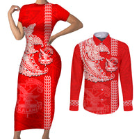 Hawaii Kalani High School Couples Matching Short Sleeve Bodycon Dress and Long Sleeve Button Shirt Tribal Kakau Pattern LT03 Red - Polynesian Pride