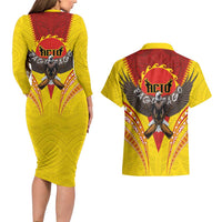 American Samoa Fautasi Race Couples Matching Long Sleeve Bodycon Dress and Hawaiian Shirt Pago Pago-Aeto Samoan Tattoo and Eagle
