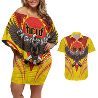 American Samoa Fautasi Race Couples Matching Off Shoulder Short Dress and Hawaiian Shirt Pago Pago-Aeto Samoan Tattoo and Eagle