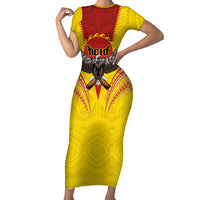 American Samoa Fautasi Race Short Sleeve Bodycon Dress Pago Pago-Aeto Samoan Tattoo and Eagle LT03 Long Dress Yellow - Polynesian Pride