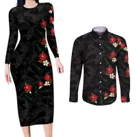 Hawaiian Taro Leaves-Hibiscus and Plumeria Couples Matching Long Sleeve Bodycon Dress and Long Sleeve Button Shirt Floral Tribal Tattoo Motif LT03 Black - Polynesian Pride
