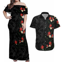 Hawaiian Taro Leaves-Hibiscus and Plumeria Couples Matching Off Shoulder Maxi Dress and Hawaiian Shirt Floral Tribal Tattoo Motif LT03 Black - Polynesian Pride