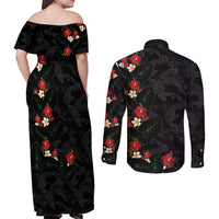 Hawaiian Taro Leaves-Hibiscus and Plumeria Couples Matching Off Shoulder Maxi Dress and Long Sleeve Button Shirt Floral Tribal Tattoo Motif LT03 - Polynesian Pride