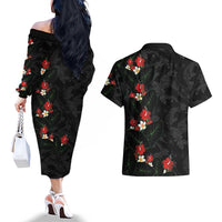 Hawaiian Taro Leaves-Hibiscus and Plumeria Couples Matching Off The Shoulder Long Sleeve Dress and Hawaiian Shirt Floral Tribal Tattoo Motif LT03 - Polynesian Pride