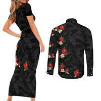 Hawaiian Taro Leaves-Hibiscus and Plumeria Couples Matching Short Sleeve Bodycon Dress and Long Sleeve Button Shirt Floral Tribal Tattoo Motif LT03 - Polynesian Pride