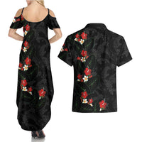 Hawaiian Taro Leaves-Hibiscus and Plumeria Couples Matching Summer Maxi Dress and Hawaiian Shirt Floral Tribal Tattoo Motif LT03 - Polynesian Pride