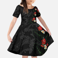 Hawaiian Taro Leaves-Hibiscus and Plumeria Family Matching Mermaid Dress and Hawaiian Shirt Floral Tribal Tattoo Motif LT03 Daughter's Dress Black - Polynesian Pride