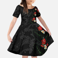 Hawaiian Taro Leaves-Hibiscus and Plumeria Kid Short Sleeve Dress Floral Tribal Tattoo Motif LT03 KID Black - Polynesian Pride
