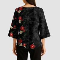 Hawaiian Taro Leaves-Hibiscus and Plumeria Kimono Sleeve Blouse Floral Tribal Tattoo Motif