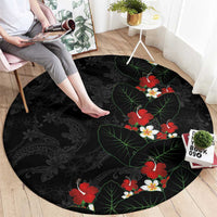 Hawaiian Taro Leaves-Hibiscus and Plumeria Round Carpet Floral Tribal Tattoo Motif