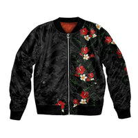 Hawaiian Taro Leaves-Hibiscus and Plumeria Sleeve Zip Bomber Jacket Floral Tribal Tattoo Motif