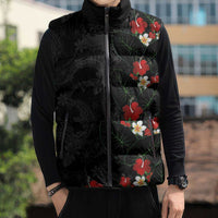 Hawaiian Taro Leaves-Hibiscus and Plumeria Sleeveless Puffer Jacket Floral Tribal Tattoo Motif