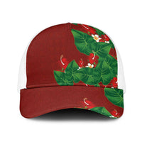 Hawaiian Taro Leaves-Hibiscus and Plumeria Baseball Net Cap Polynesian Art-Kakau Tattoo Red LT03 One Size White Red - Polynesian Pride