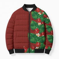 Hawaiian Taro Leaves-Hibiscus and Plumeria Bomber Puffer Jacket Polynesian Art-Kakau Tattoo Red