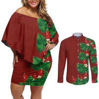 Hawaiian Taro Leaves-Hibiscus and Plumeria Couples Matching Off Shoulder Short Dress and Long Sleeve Button Shirt Polynesian Art-Kakau Tattoo Red