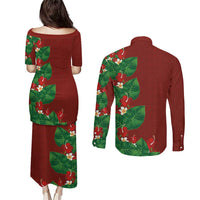 Hawaiian Taro Leaves-Hibiscus and Plumeria Couples Matching Puletasi and Long Sleeve Button Shirt Polynesian Art-Kakau Tattoo Red