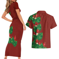 Hawaiian Taro Leaves-Hibiscus and Plumeria Couples Matching Short Sleeve Bodycon Dress and Hawaiian Shirt Polynesian Art-Kakau Tattoo Red LT03 - Polynesian Pride