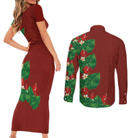 Hawaiian Taro Leaves-Hibiscus and Plumeria Couples Matching Short Sleeve Bodycon Dress and Long Sleeve Button Shirt Polynesian Art-Kakau Tattoo Red LT03 - Polynesian Pride