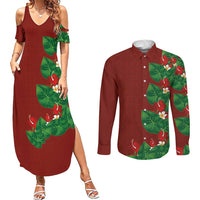Hawaiian Taro Leaves-Hibiscus and Plumeria Couples Matching Summer Maxi Dress and Long Sleeve Button Shirt Polynesian Art-Kakau Tattoo Red LT03 Red - Polynesian Pride