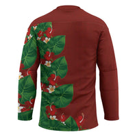 Hawaiian Taro Leaves-Hibiscus and Plumeria Hockey Jersey Polynesian Art-Kakau Tattoo Red