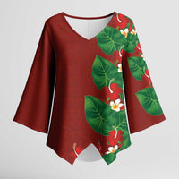 Hawaiian Taro Leaves-Hibiscus and Plumeria Kimono Sleeve Blouse Polynesian Art-Kakau Tattoo Red LT03 Female Red - Polynesian Pride