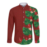 Hawaiian Taro Leaves-Hibiscus and Plumeria Long Sleeve Button Shirt Polynesian Art-Kakau Tattoo Red LT03 Unisex Red - Polynesian Pride