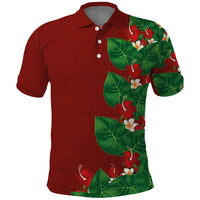 Hawaiian Taro Leaves-Hibiscus and Plumeria Polo Shirt Polynesian Art-Kakau Tattoo Red