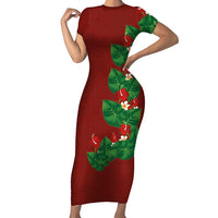 Hawaiian Taro Leaves-Hibiscus and Plumeria Short Sleeve Bodycon Dress Polynesian Art-Kakau Tattoo Red