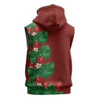 Hawaiian Taro Leaves-Hibiscus and Plumeria Sleeveless Zip Hoodie Polynesian Art-Kakau Tattoo Red