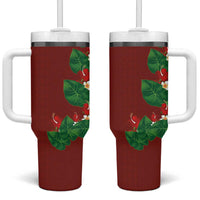 Hawaiian Taro Leaves-Hibiscus and Plumeria Tumbler With Handle Polynesian Art-Kakau Tattoo Red LT03 One Size: 40 oz Red - Polynesian Pride
