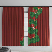 Hawaiian Taro Leaves-Hibiscus and Plumeria Window Curtain Polynesian Art-Kakau Tattoo Red LT03 With Hooks Red - Polynesian Pride