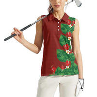 Hawaiian Taro Leaves-Hibiscus and Plumeria Women Sleeveless Polo Shirt Polynesian Art-Kakau Tattoo Red LT03 - Polynesian Pride