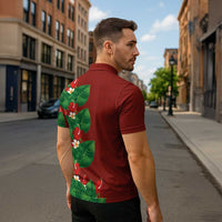 Hawaiian Taro Leaves-Hibiscus and Plumeria Zipper Polo Shirt Polynesian Art-Kakau Tattoo Red