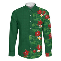 Hawaiian Taro Leaves-Hibiscus and Plumeria Family Matching Mermaid Dress and Hawaiian Shirt Polynesian Art-Kakau Tattoo Green LT03 Dad's Shirt - Long Sleeve Green - Polynesian Pride
