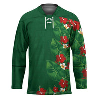 Hawaiian Taro Leaves-Hibiscus and Plumeria Hockey Jersey Polynesian Art-Kakau Tattoo Green