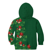 Hawaiian Taro Leaves-Hibiscus and Plumeria Kid Hoodie Polynesian Art-Kakau Tattoo Green