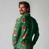 Hawaiian Taro Leaves-Hibiscus and Plumeria Long Sleeve Polo Shirt Polynesian Art-Kakau Tattoo Green