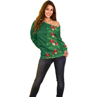 Hawaiian Taro Leaves-Hibiscus and Plumeria Off Shoulder Sweater Polynesian Art-Kakau Tattoo Green LT03 - Polynesian Pride