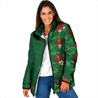 Hawaiian Taro Leaves-Hibiscus and Plumeria Padded Jacket Polynesian Art-Kakau Tattoo Green LT03 Women Green - Polynesian Pride