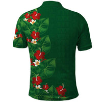 Hawaiian Taro Leaves-Hibiscus and Plumeria Polo Shirt Polynesian Art-Kakau Tattoo Green